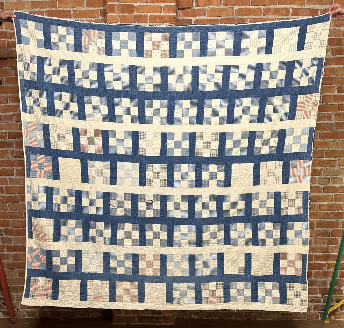 1890s Garden Path Feed Sack Quilt: 78" by 78 1/2".