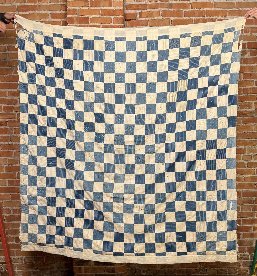 1880s Blue Checkerboard Frontier Quilt: 71" by 80 1/2"