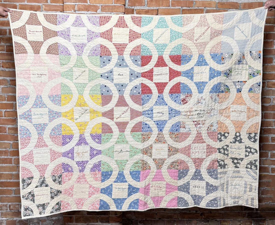 1930s Album Patchwork Memory Friendship Quilt: 65" by 78 1/2".