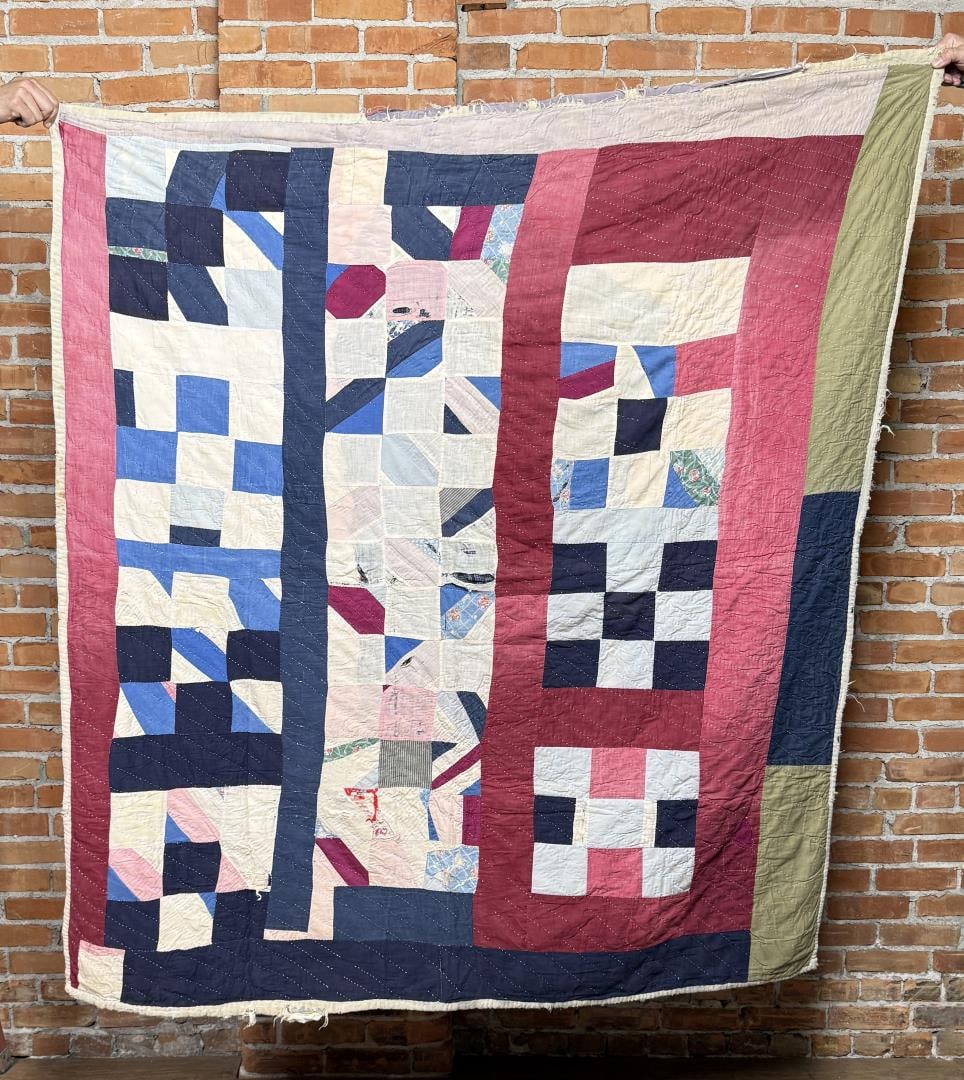 1890s Patchwork Feed Sack Quilt: 63" by 69"