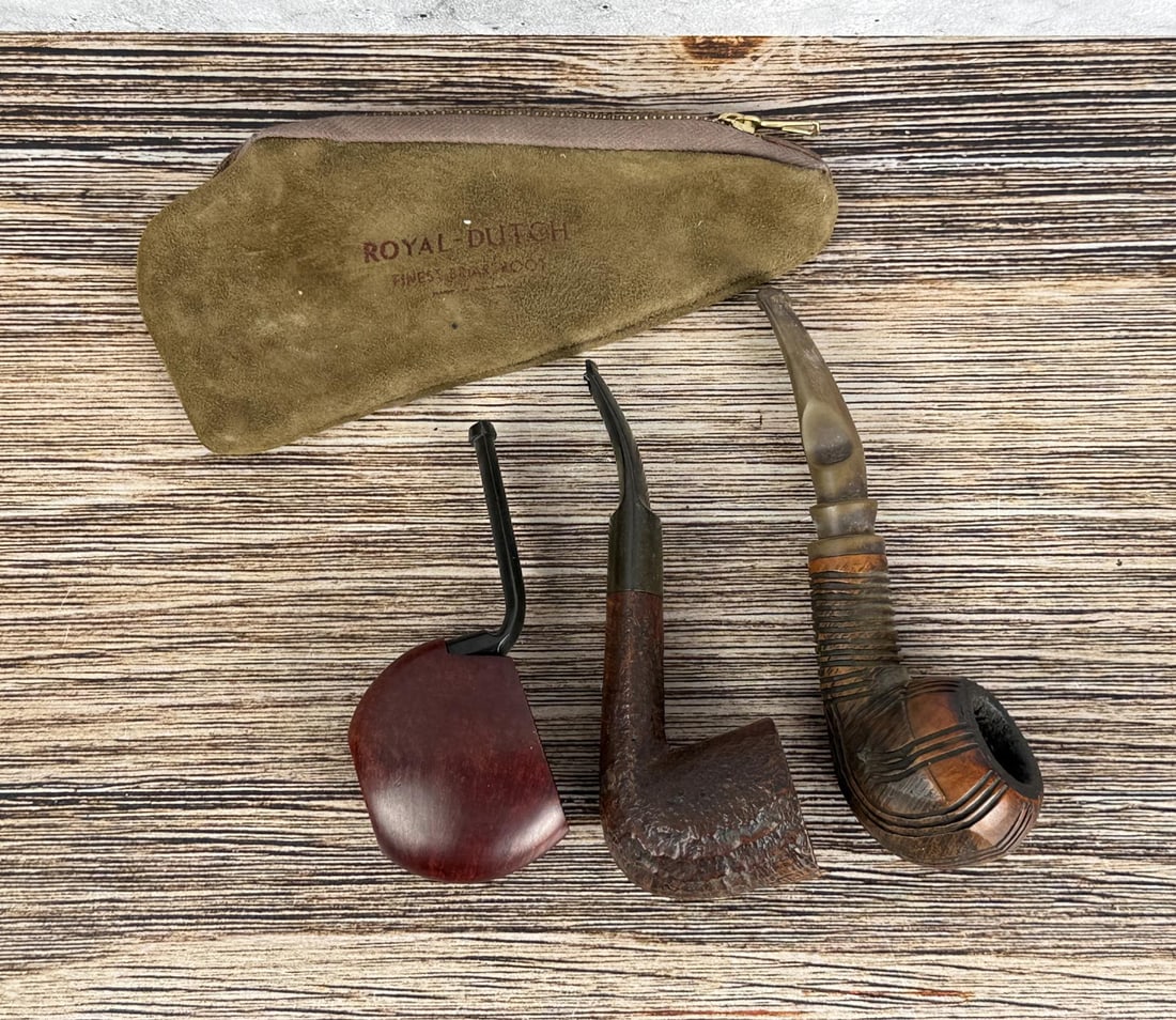 Estate Tobacco Smoking Pipes: Royal Dutch, R.L. Lafond, and a folding pocket pipe. Largest is 5 1/2" long.
