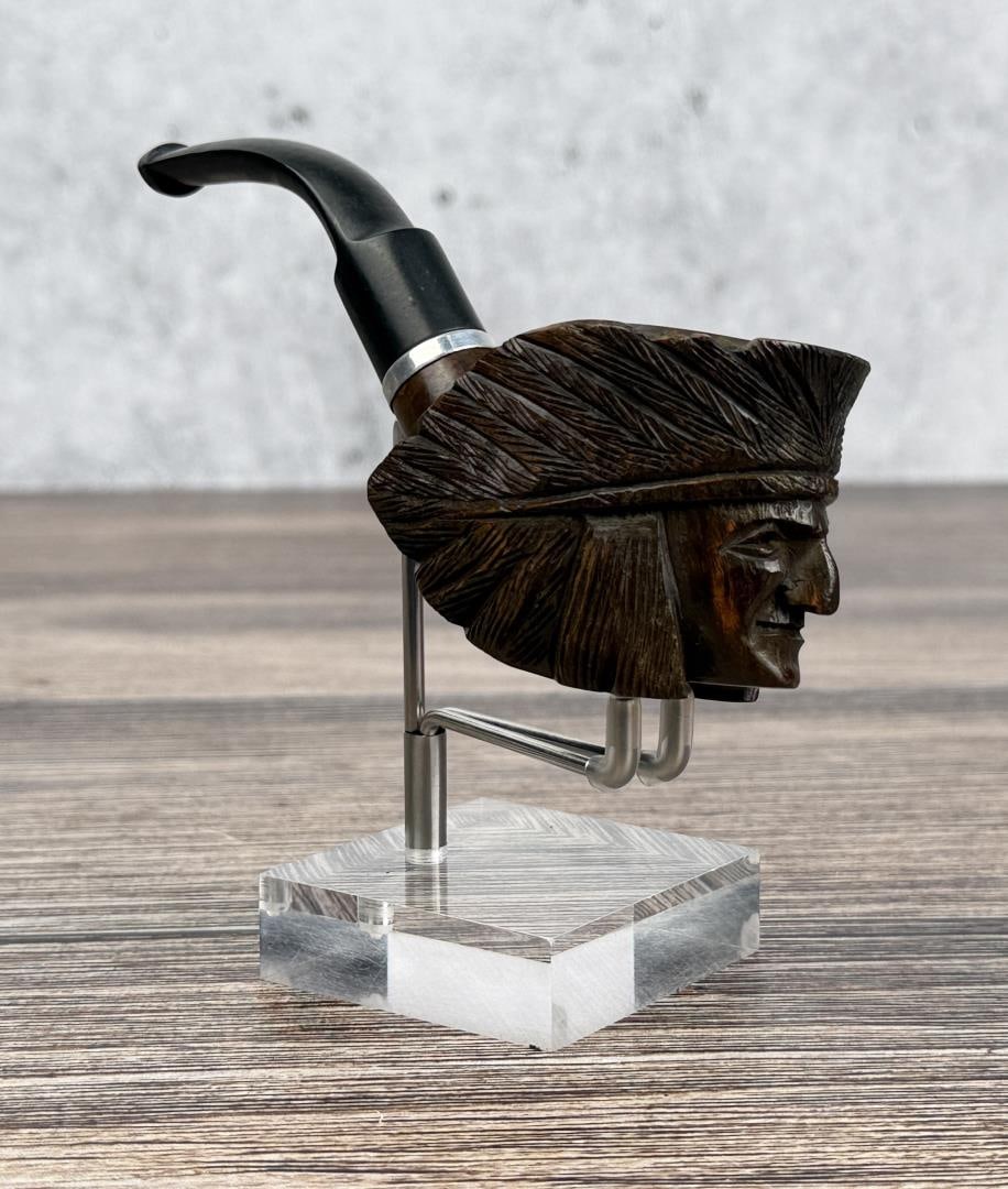 Estate Briar Indian Chief Tobacco Pipe: 5 1/4" long.