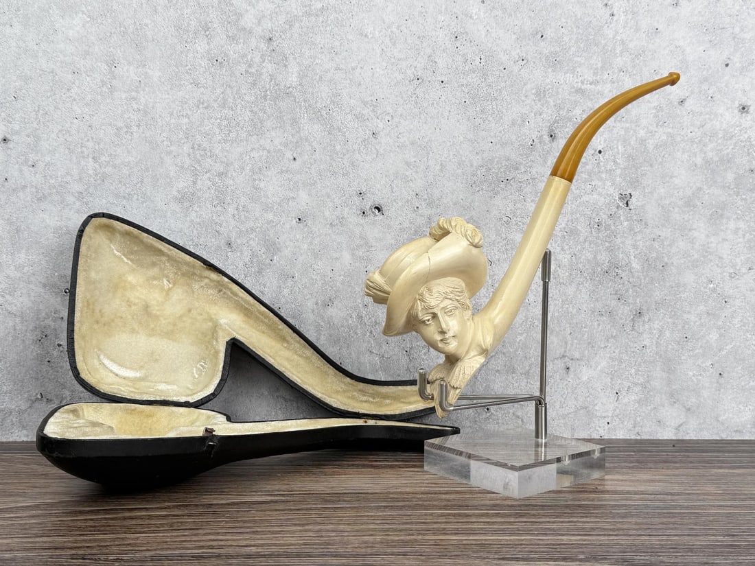 Meerschaum Woman in Feathered Hat Pipe: Hat has been chipped and repaired. 7 3/4" long.