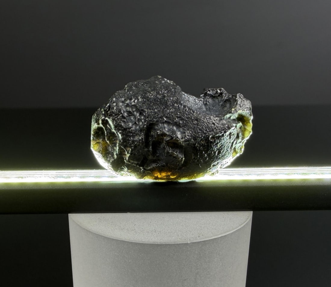 Rare Asteroid Crash Green Moldavite: 13.54 grams. 1 1/4" by 3/4" by 5/8".