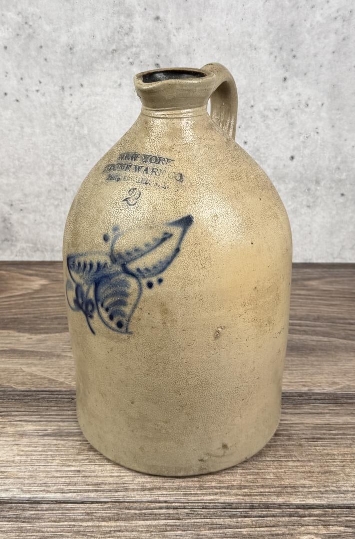 New York Stoneware Salt Glaze 2 Gallon Syrup Jug: Unusual syrup lip. Cobalt Blue Leaf Pattern