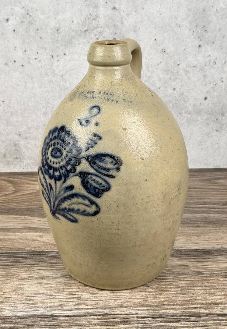 N. Clark & Co Rochester New York Stoneware Jug: Spotted Daisy Flower Pattern. 2 Gallon Size.