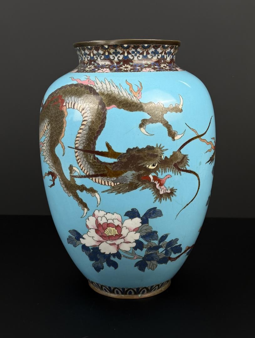 Imperial Japanese Cloisonne Dragon Vase: 13 1/4" tall, 9 1/2" diameter. Some enamel restoration and overpaint as shown.