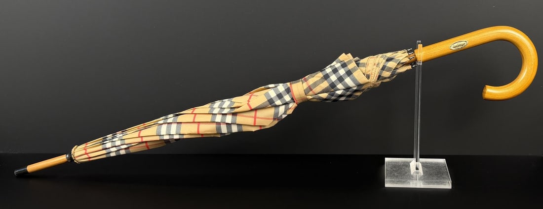 Burberry Nova Check Umbrella Parasol: 33 1/2" long, 37 1/2" diameter.