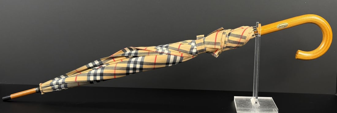 Burberry Nova Check Umbrella Parasol: 33 1/2" long, 37 1/2" diameter.