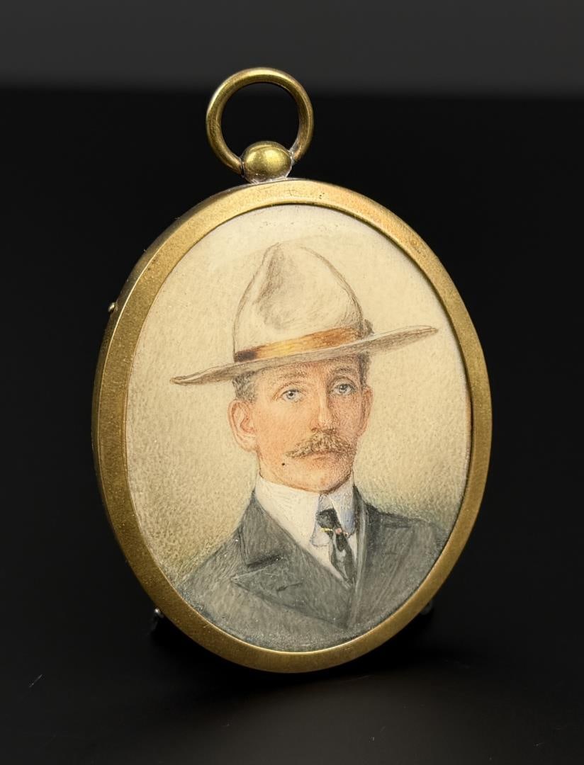 Antique Portrait on Ivory of Cowboy: Unidentified but has a collection number on the back as shown. 2 3/4" by 1 3/4" in frame.