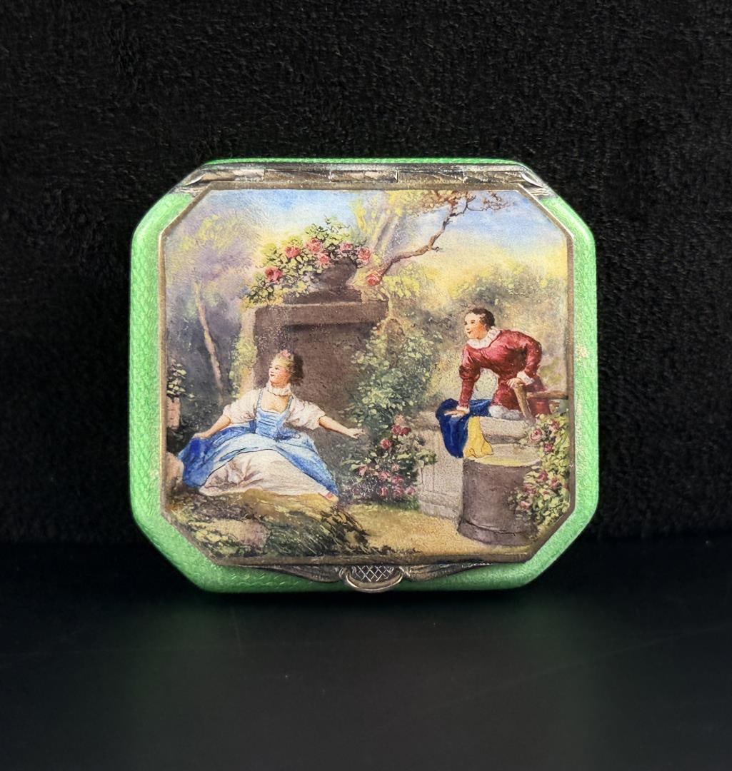 Victorian Sterling Silver Guilloche Enamel Compact: 2" by 2 1/4". 102.1 grams.