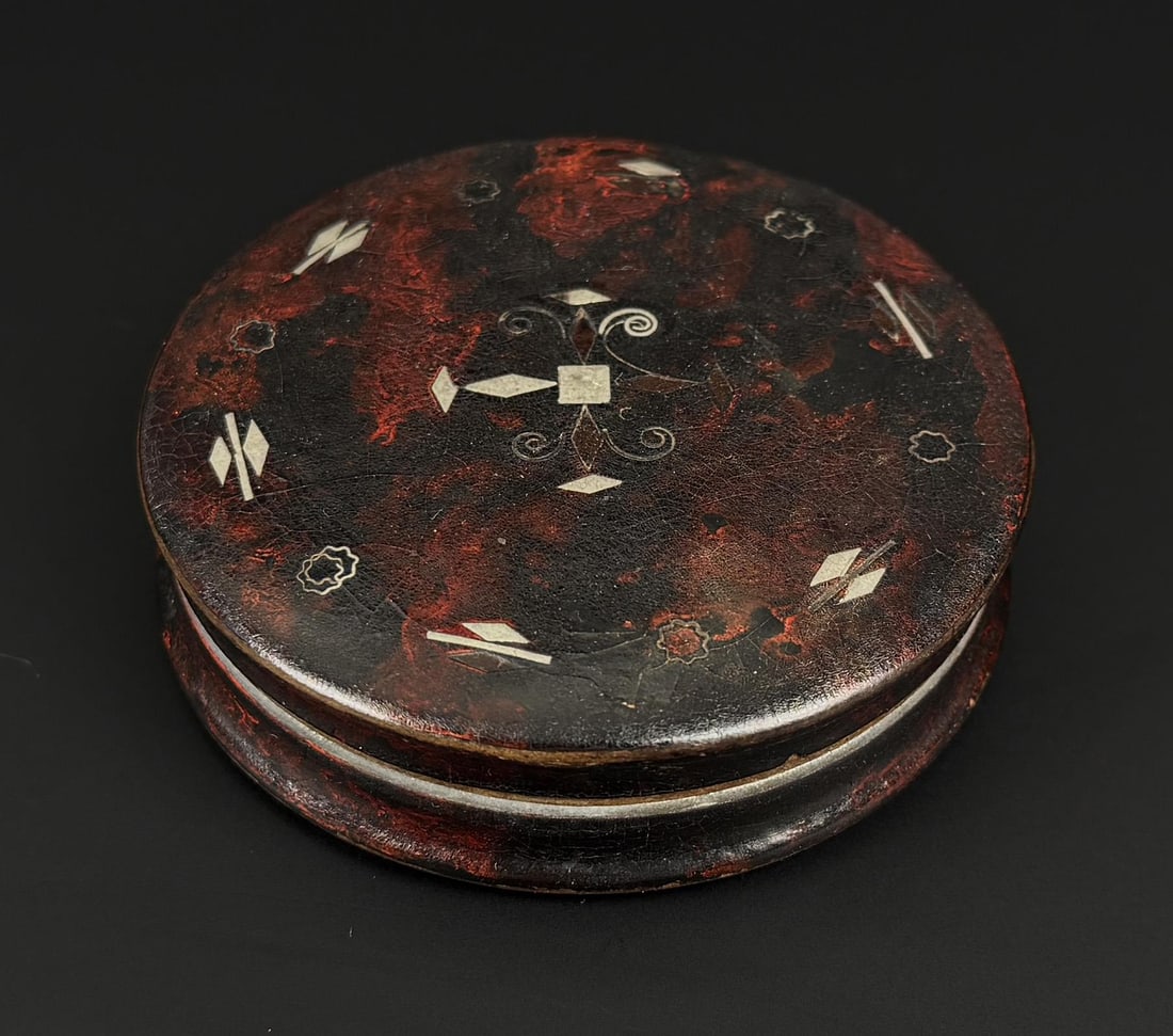 Antique Lacquer Snuff Box: 2 7/8" diameter, 3/4" tall.