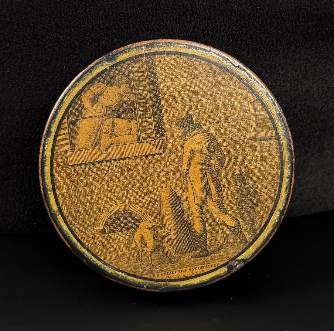 French Erotic Paper Mache Snuff Box: 2 1/2" diameter, 3/4" tall.