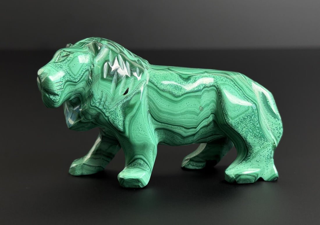African Malachite Lion Carving: 4 1/4" by 2 3/8" by 1 1/2". 371 grams.
