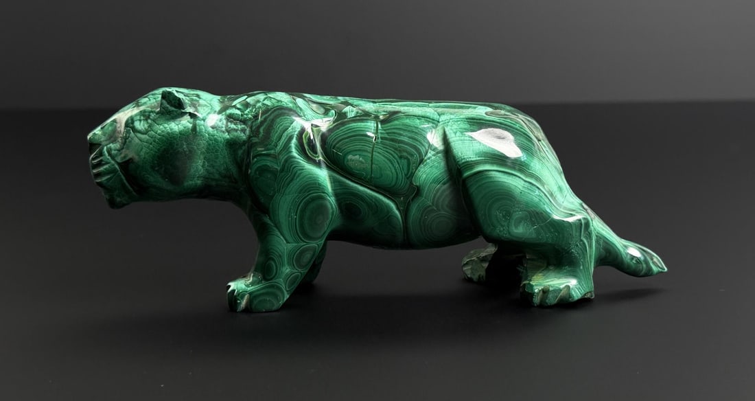 African Malachite Lion Carving: 7 1/4" by 2 5/8" by 2". 805 grams.