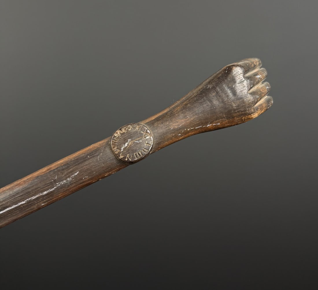 Folk Art Clenched Fist Walking Stick Cane: 41" long. Has a watch on wrist with time pointing to 5pm