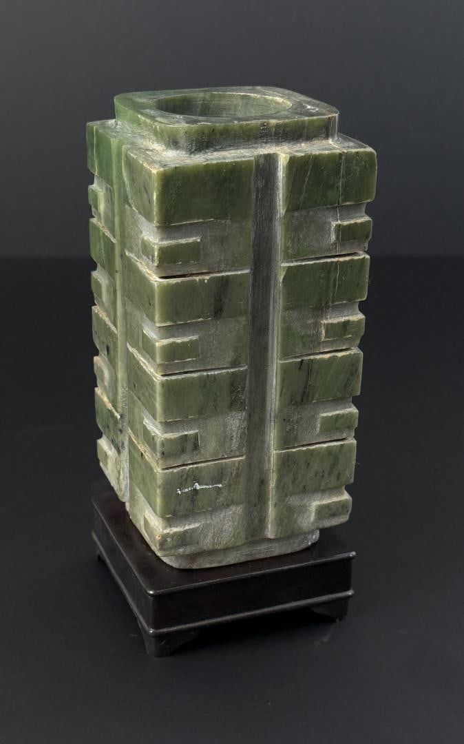 Ancient Liangzhu Neolithic Chinese Jade Cong: Shows significant age and wear. 1663 grams. 6 1/8" by 3" by 2 7/8".
