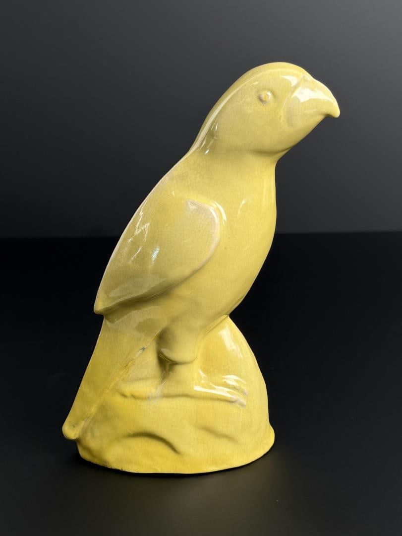 Antique Chinese Yellow Porcelain Parrot: Exhibition label on interior as shown. 7 1/8" by 4 7/8" by 2 5/8".