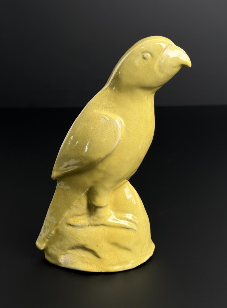Antique Chinese Yellow Porcelain Parrot: Exhibition label on interior as shown. 7 1/8" by 4 7/8" by 2 5/8".