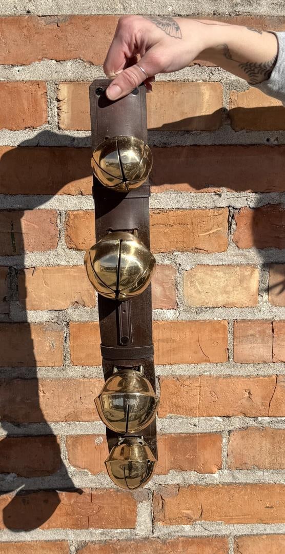 String of Brass Sleigh Bells: 18 1/2" by 3 1/8" by 2 7/8"