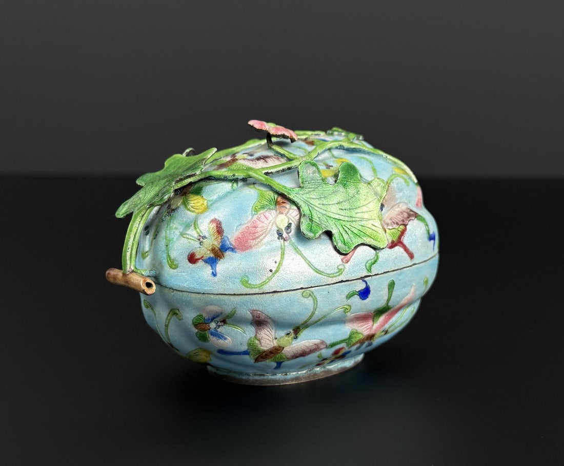 Chinese Cloisonne Melon Form Enamel Box: 4 5/8" by 3 1/8" by 3"