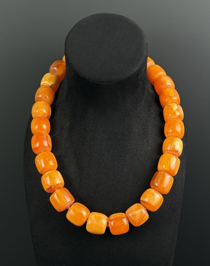 Egg Yolk Butterscotch Baltic Amber Bead Necklace: 313 grams. 12 1/2" long as displayed.