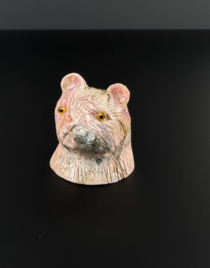 Rhodochrosite Bear Head Carving: 1 1/2" by 1 1/2" by 1 1/2". 93.77 grams.