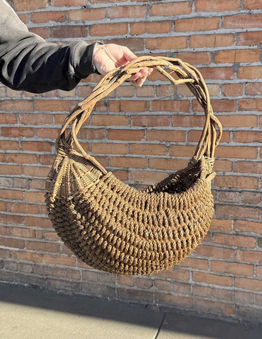 Folk Art Twine and Twig Gathering Basket: 20 3/4" by 17 3/4" by 8 5/8"