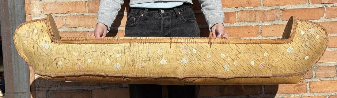 Ojibwe Indian Quilled Birch Bark Model Canoe: 50" by 11" by 11". Exceptional large example.