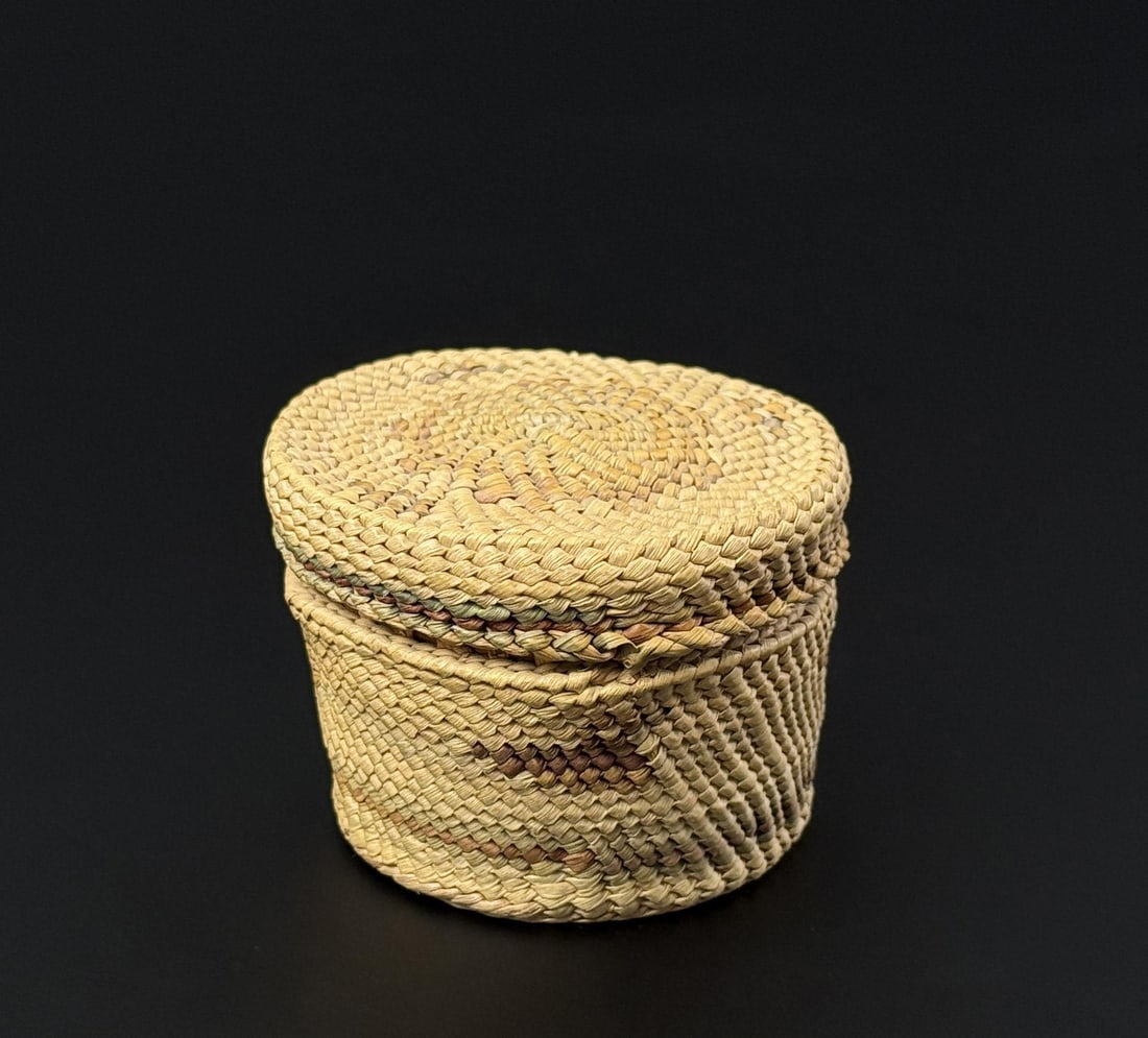 Flora Edgar Makah Northwest Coast Basket: 2 1/2" diameter, 1 3/4" tall.
