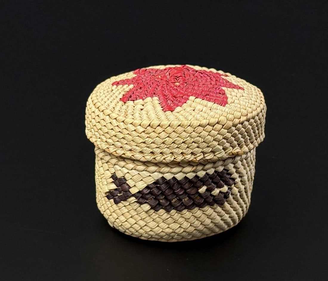 Flora Edgar Makah Northwest Coast Basket: 2 1/2" diameter, 2" tall.
