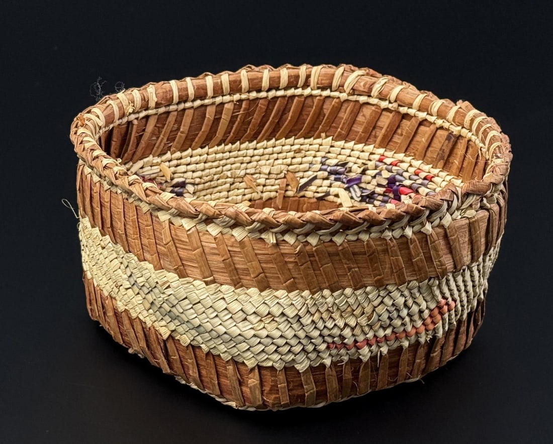 Isabel Ides Makah Northwest Coast Basket: 5 5/8" diameter, 3" tall.