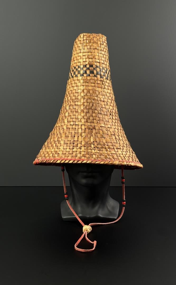 June Parker Makah Northwest Coast Basket Hat: 13 1/2" tall, 11 1/4" diameter.