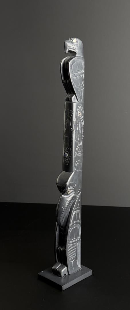 Glen Pollard Haida Argillite Totem Pole: 15 1/4" by 2 3/4" by 2 1/4". No damage or repair.