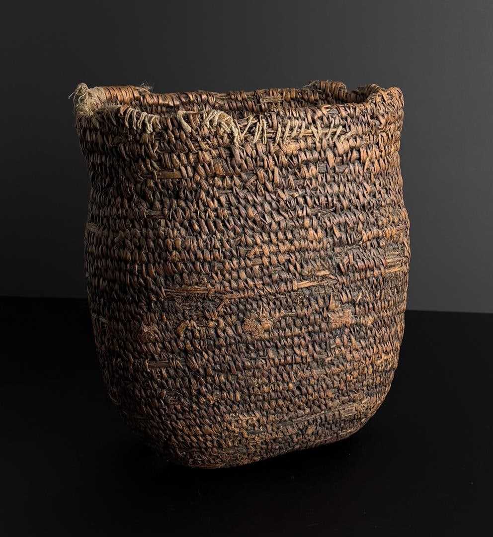 Klickitat Native American Indian Gathering Basket: 10 3/4" by 10" by 7 1/2". Provenance: Fred Harman Art Museum, Estate of N. Harman