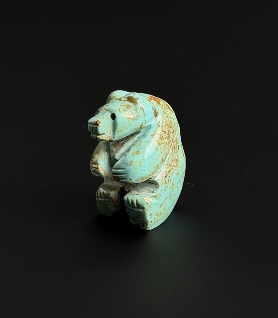 Marlo Booqua Zuni Carved Turquoise Bear Fetish: Nice example. 1 1/8" by 3/4" by 5/8".