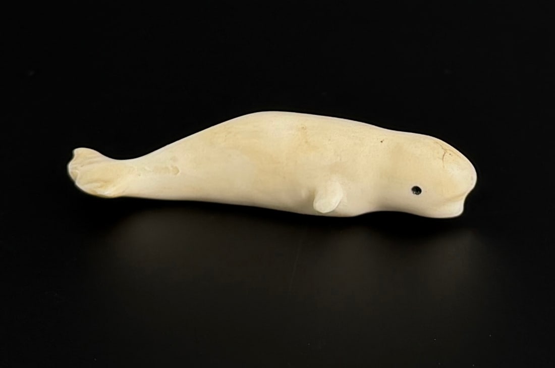 Alaskan Inuit Eskimo Ivory Whale Carving: 2 1/8" long. Native made prior to 1972. This item cannot be shipped Internationally, or any other state that prohibits.