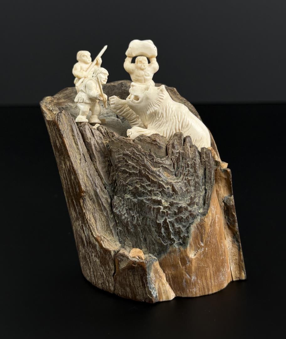 Russian Cave Bear Mammoth Ivory Carving: 4 1/8" by 4" by 3". Carved Fossil Mammoth Ivory. Native made prior to 1972. This item cannot be shipped to Oregon, California, Hawaii, New York, New Jersey, Internationally, or any other state that