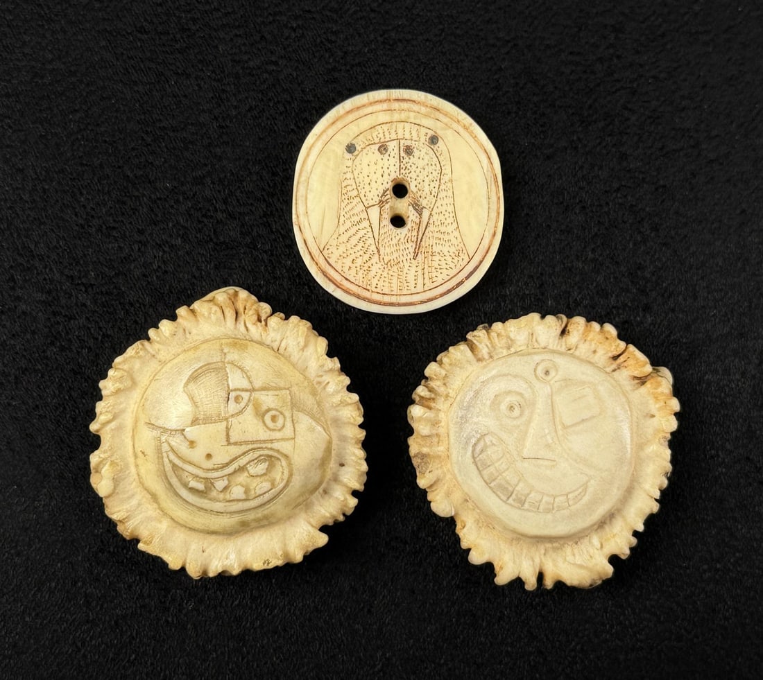 Alaskan Inuit Eskimo Carved Buttons: Two are antler one is carved Walrus Ivory. Native made prior to 1972. This item cannot be shipped to Oregon, California, Hawaii, New York, New Jersey, Internationally, or any other state that