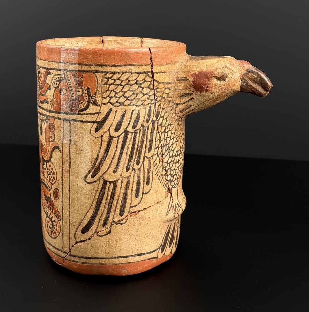 Pre Columbian Mayan Polychrome Pottery Beaker: 8 5/8" by 8 1/2" by 5 3/4". Has been reassembled as shown.