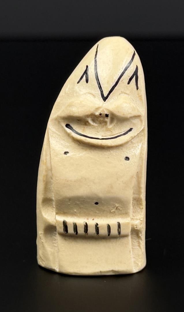 Alaskan Inuit Eskimo Ivory Billiken Carving: 2 1/8" by 1" by 1". Native made prior to 1972. This item cannot be shipped to Oregon, California, Hawaii, New York, New Jersey, Internationally, or any other state that prohibits.