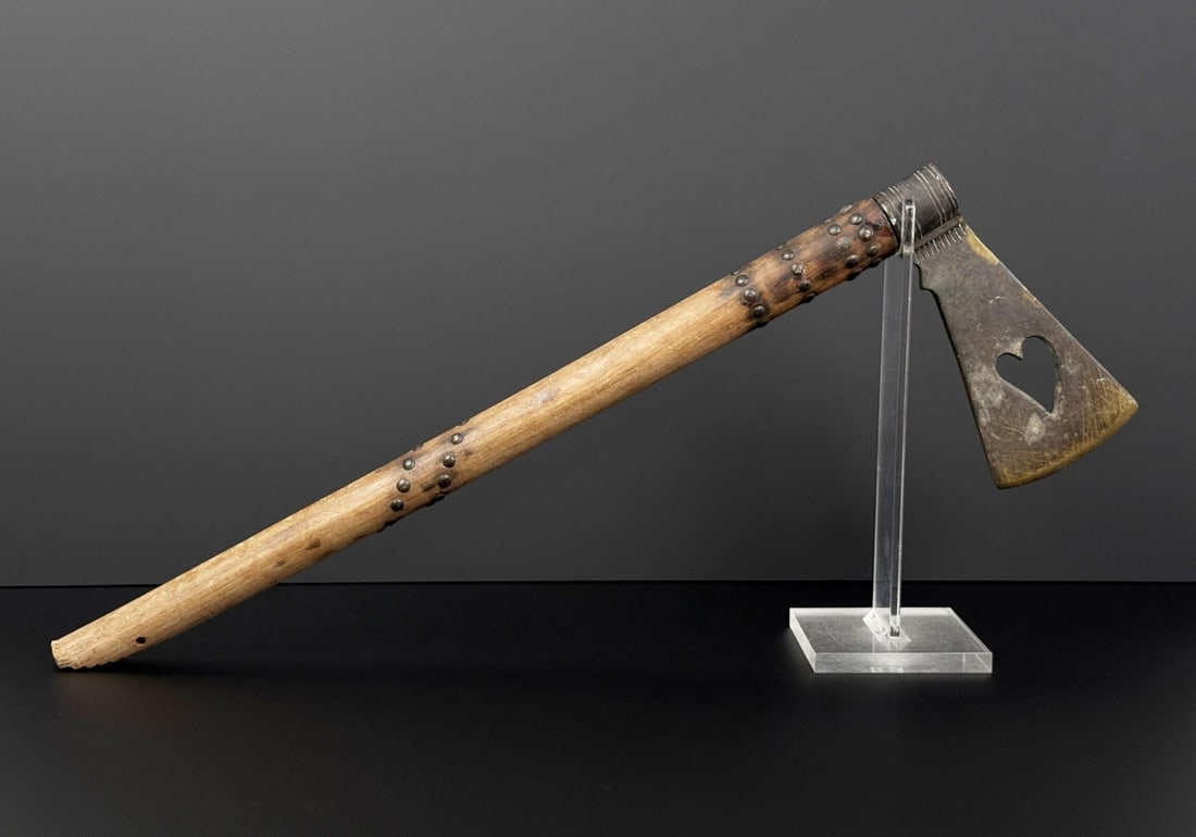 Antique Plains Indian Brass Weeping Heart Tomahawk: 24 1/2" long. Last quarter of the 19th Century.