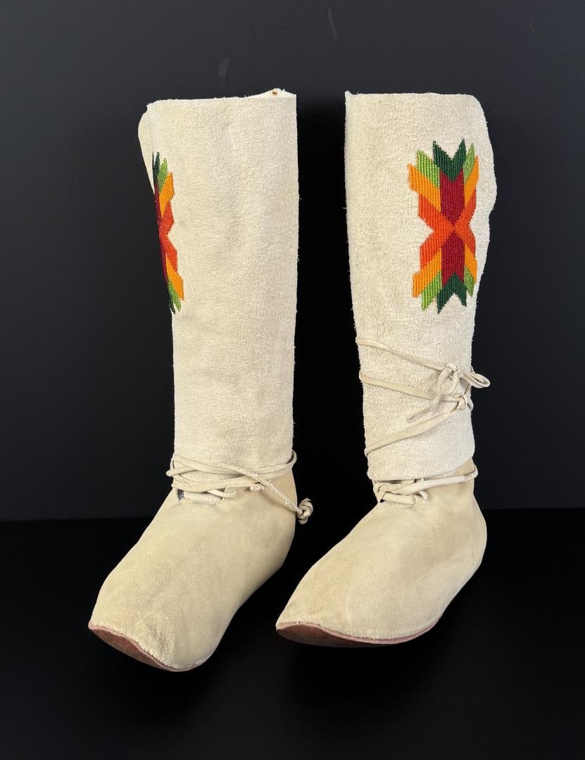 Blackfoot Montana Beaded High Top Moccasins: 16 1/2" by 8 1/2" by 3 1/2". Mid 20th Century.