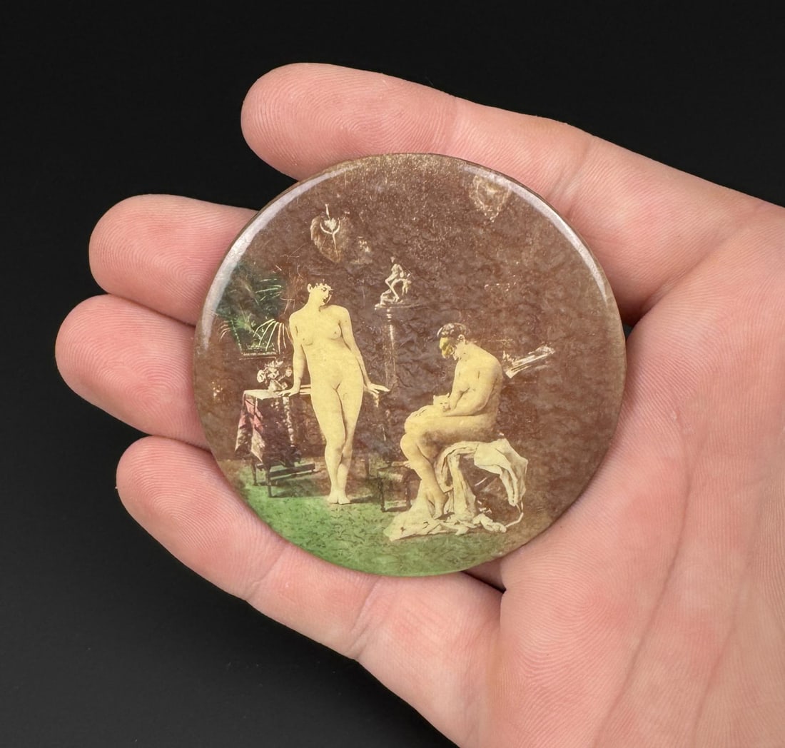 Antique Celluloid Nude Whore House Pocket Mirror: One subject is wearing a mask with a cat on her lap. 2 1/8" diameter.