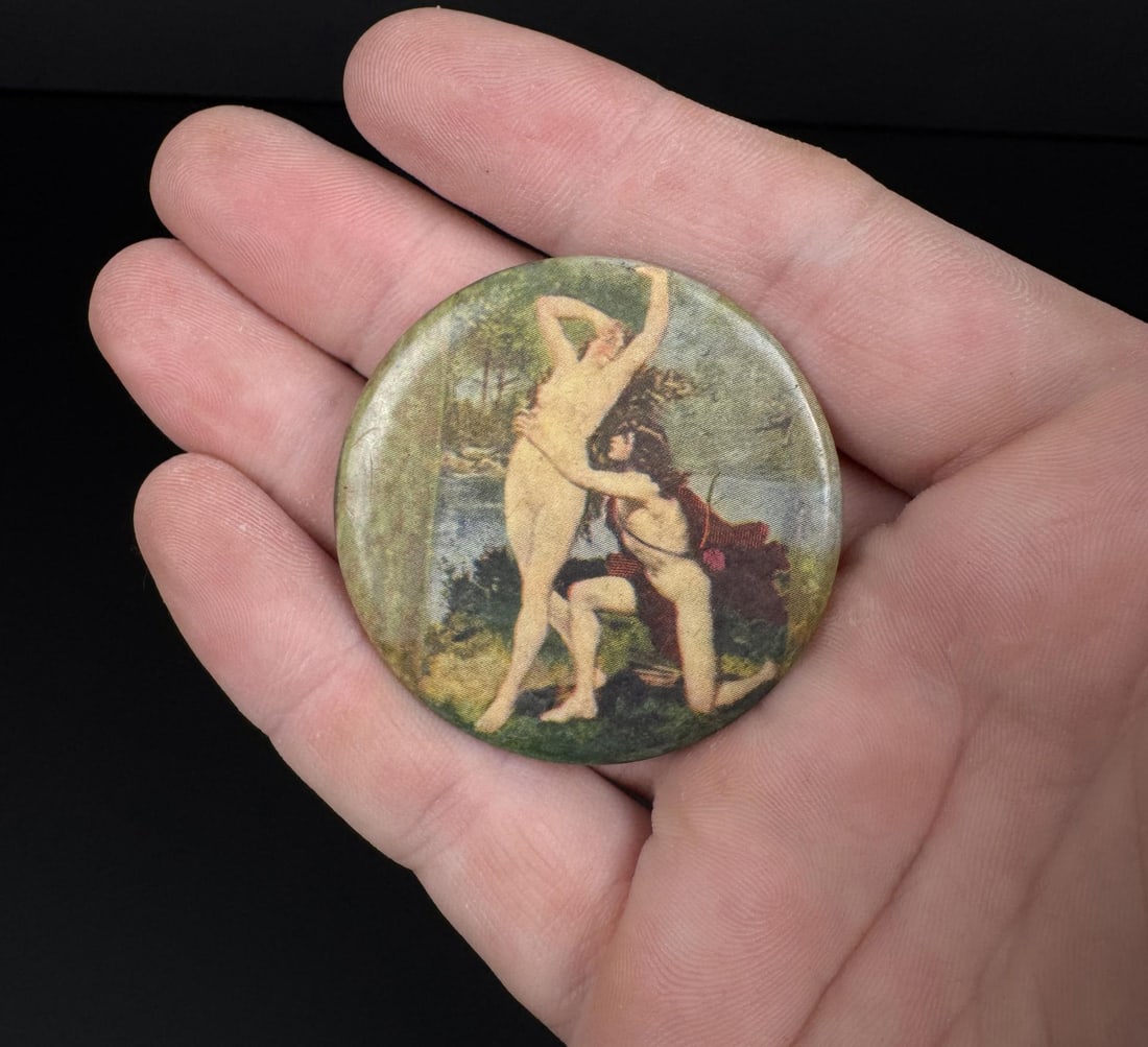 Antique Celluloid Nude Whore House Pocket Mirror: 1 5/8" diameter.