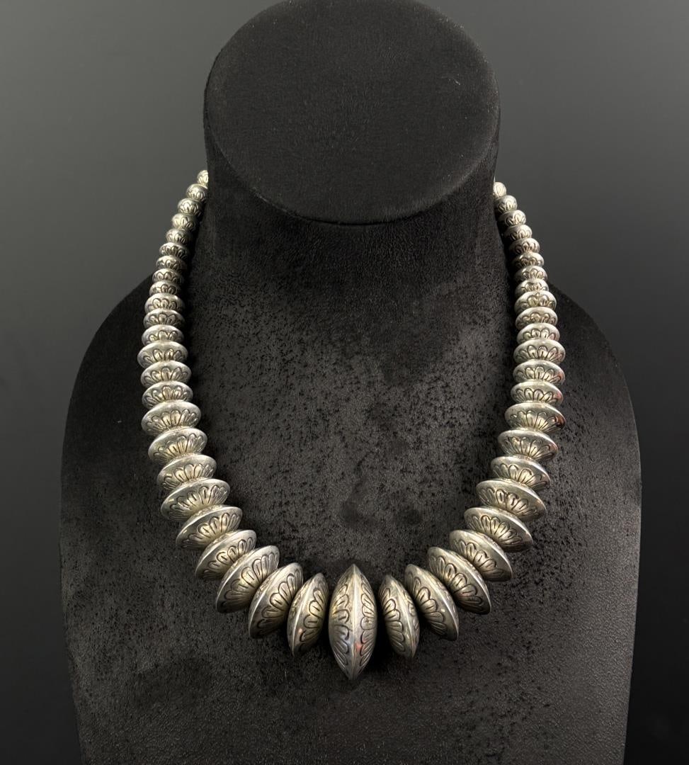 Navajo Sterling Silver Pearls Bench Beads: 11 1/4" long as displayed. 181 grams.