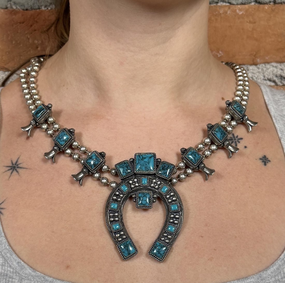 Costume Jewelry Squash Blossom Necklace: Made by Sancrest. 13 3/4" long as displayed.