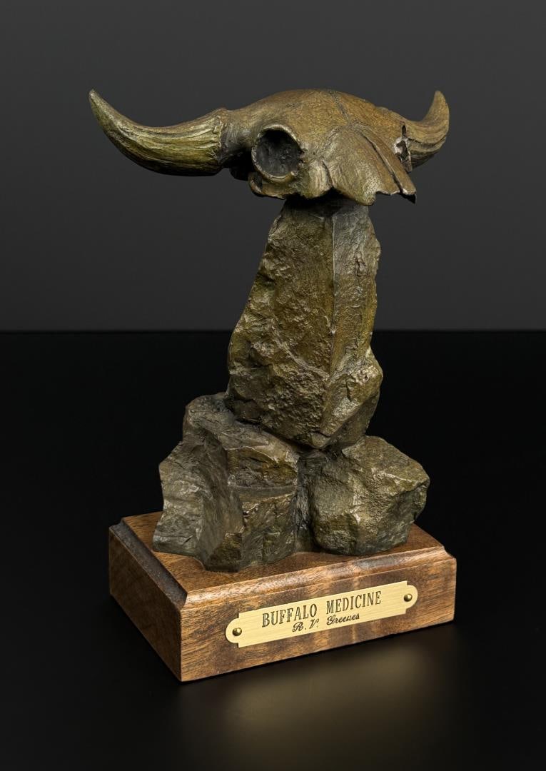 Richard Greeves Buffalo Medicine Bronze: Title is Buffalo Medicine. 7 1/2" by 5 1/2" by 3 3/4". 3/100. Richard Vernon Greeves (Born 1935) is active/lives in Wyoming, Missouri. Richard Greeves is known for Indian figure sculpture. A sculptor