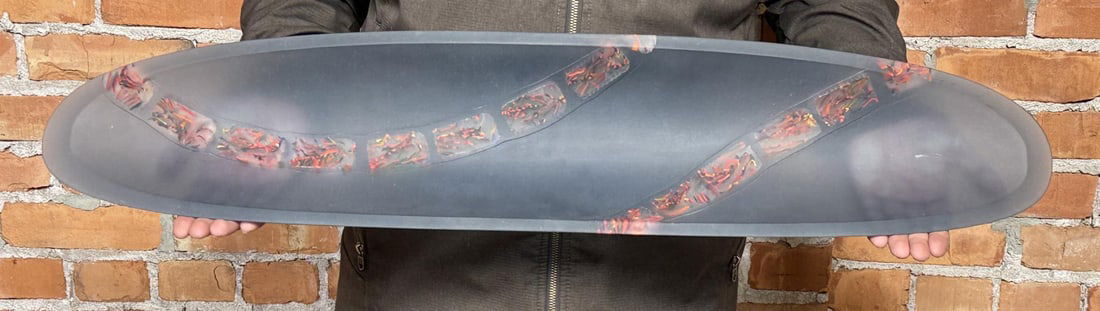Martin Kremer Fused Glass Mosiac Ellipse Bowl: 34 1/2" long by 7" wide. Artist statement I was a stained glass enthusiast while pursuing a career in medical technology and the glass won, first as a spare-time business and then as a full-time obses