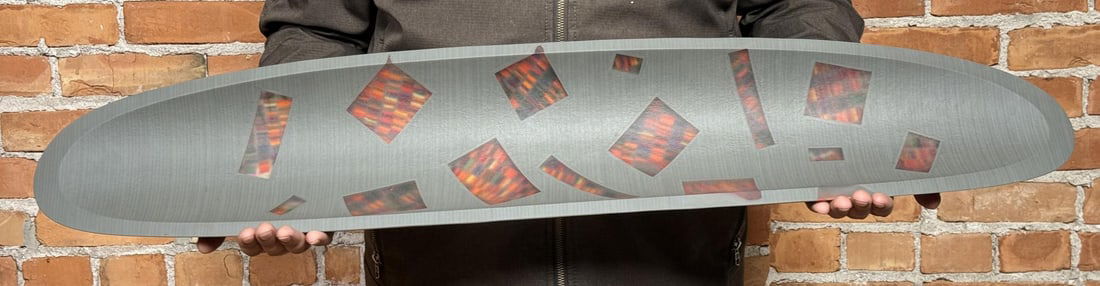 Martin Kremer Fused Glass Mosiac Ellipse Bowl: 37 1/2" long by 7 1/8" wide. Artist statement I was a stained glass enthusiast while pursuing a career in medical technology and the glass won, first as a spare-time business and then as a full-time o